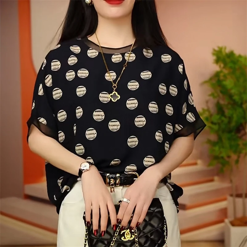 

Summer Women Korean Fashion Polka Dot Print Sheer Patchwork Blouse Casual O Neck Short Sleeve Loose Tops Blusas