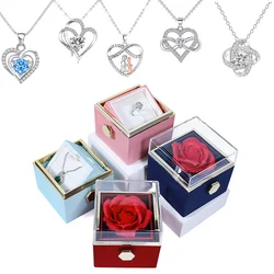 Rotating Rose Gift Box Acrylic Ring Necklace Preserved Flower Jewelry Box For Girlfriend Mother Valentine's Day Christmas Gifts