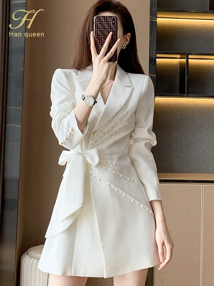 H Han Queen Korean Elegant Fashion Blazer Dress 2022 New Women Autumn Sheath Bodycon Dresses Lace-Up Bead Casual Party Vestidos