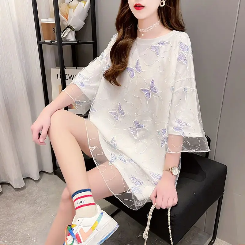 2023 New Summer Fashion Loose Relaxed Oversize Fake Two Piece Mesh Panel Hot Drilled Short Sleeve Medium Length T-shirt