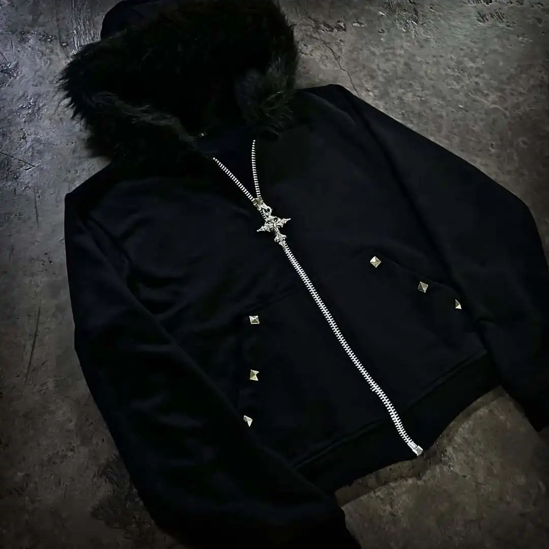 

Plush collar rhinestone cardigan zipper hooded sweatshirt rhinestone dark style y2k trendy street women's hoodie