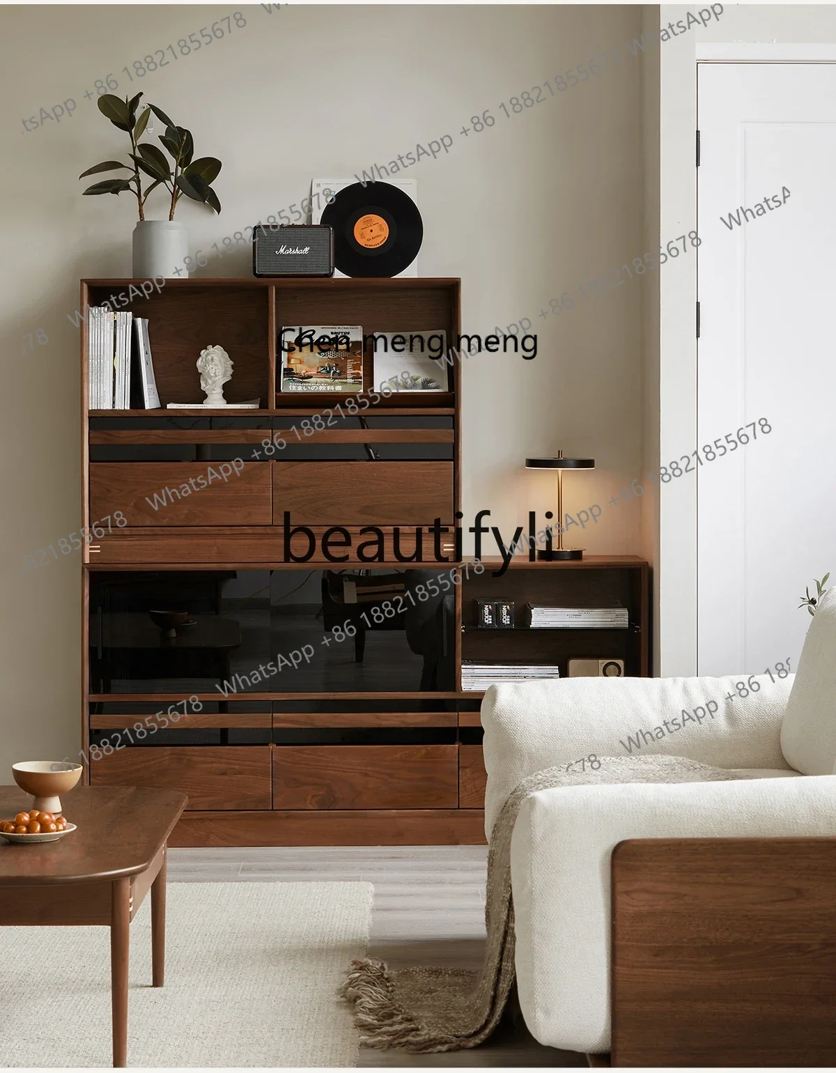 N178 Black walnut combined cabinet glass door living room floor module display storage storage bookcase5556