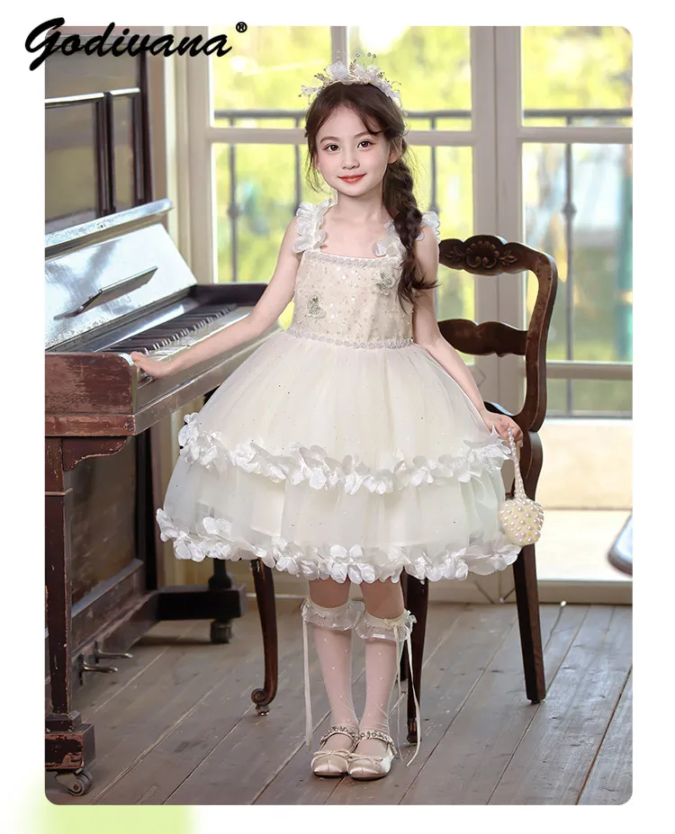 Sweet Baby Girls White Princess Dress Summer 2026 New Kids Fashion Sequin 3D Butterfly Tulle Floral Hem Mesh Birthday Party Gown