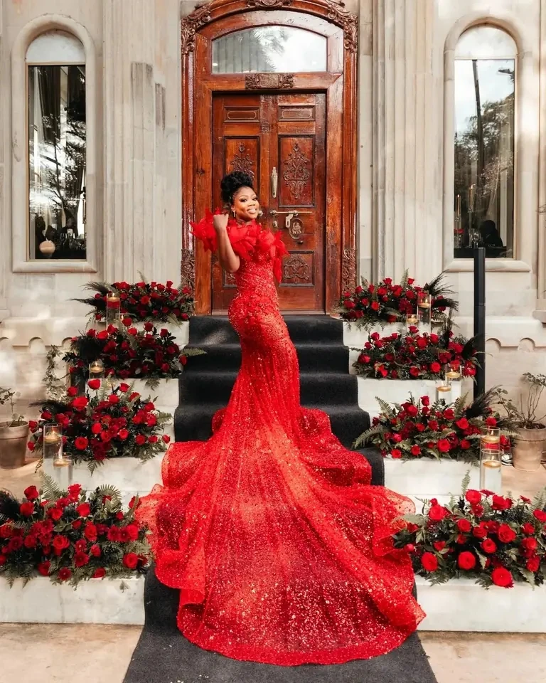 Romantic Red Beaded African Prom Dresses 2024 Luxury Sequins Lace Aso Ebi Wedding Reception Dress Black Women Formal Gowns Gala