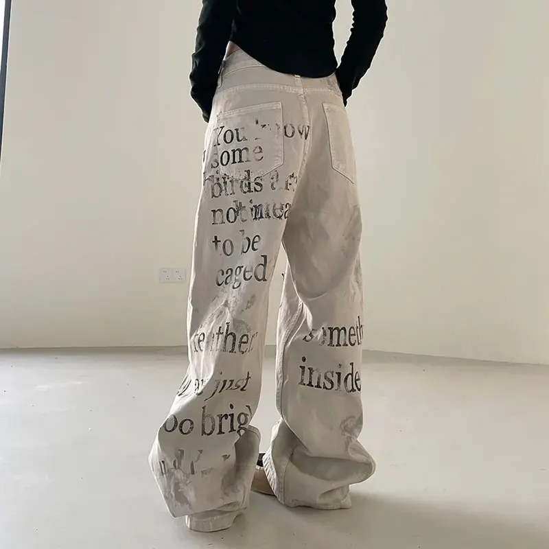 Female Clothing Vintage Letter Printed Trousers Wide Leg Loose High Street Light Wash Denim Pants Aesthetic Streetwear Jeans New