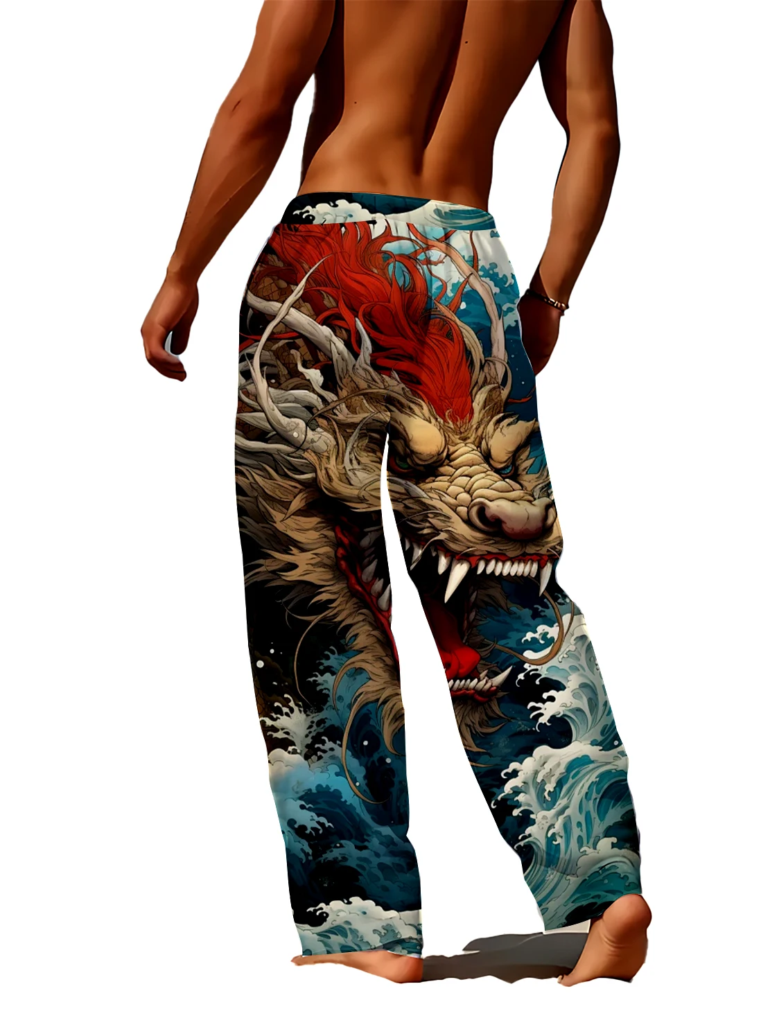 

2025 Новые мужские повседневные брюки с 3D цифровым принтом дракона и морской воды, свободные и удобные мужские брюки.