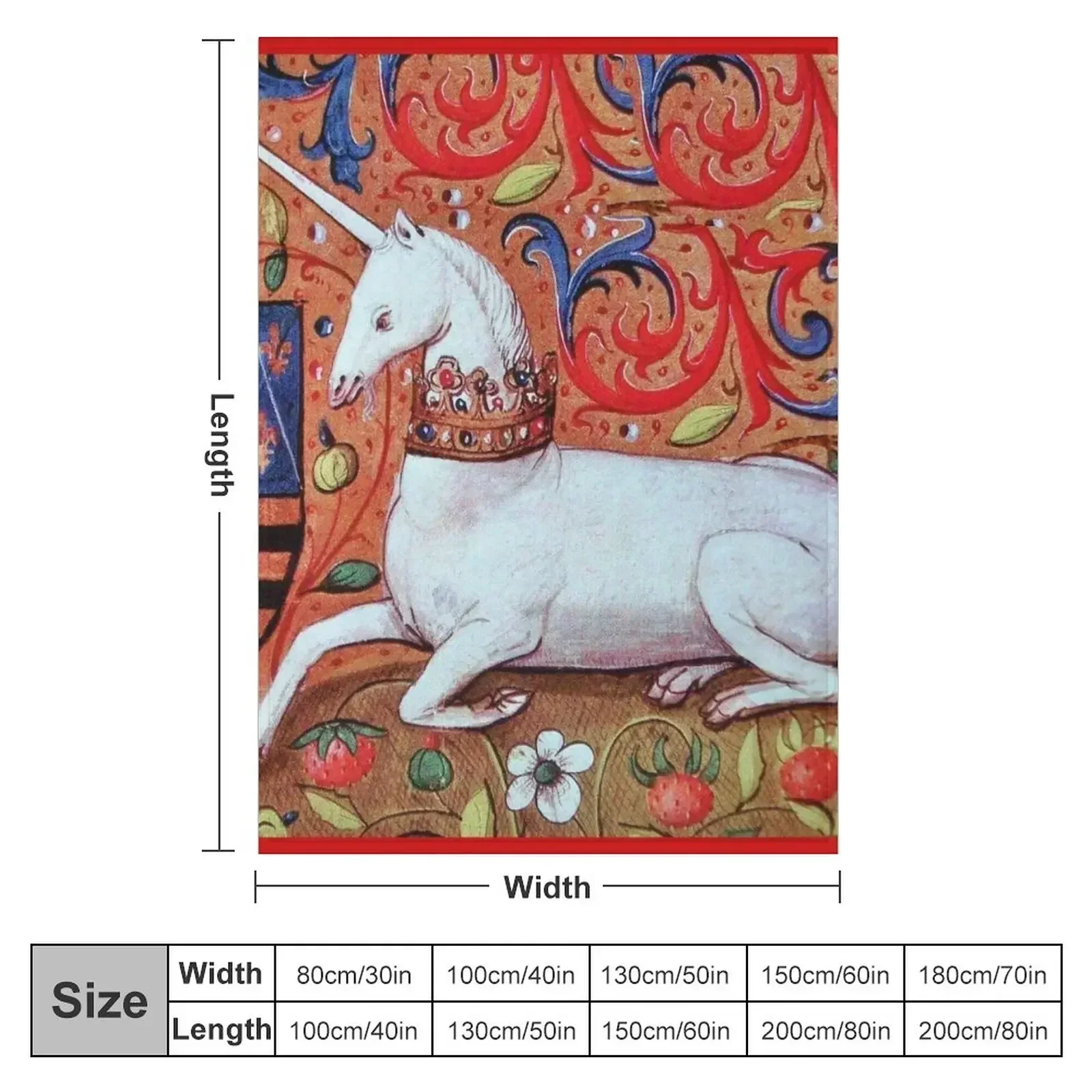 UNICORN WITH RED BLUE WHITE FLORAL MOTIFS Medieval Miniature Throw Blanket couch cozy soft plush fuzzy picnic outdoor blanket