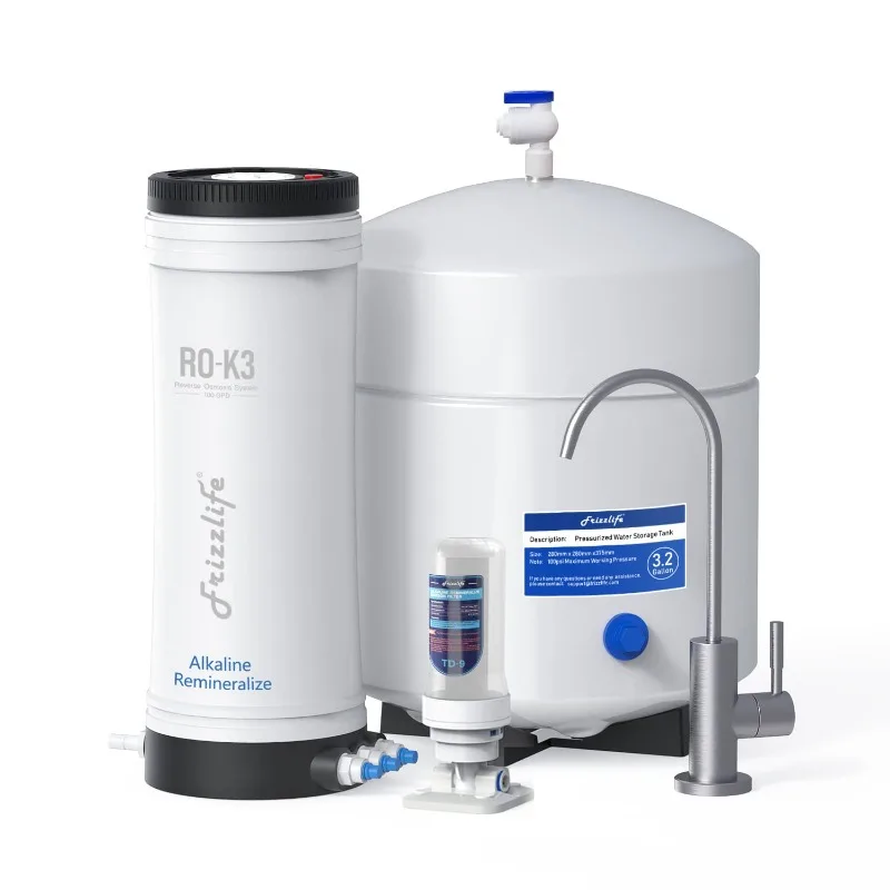 Frizzlife ROK3-A Reverse Osmosis Water Filter System, No Power Required - Alkaline & Remineralization, 1:1 Pure to Drain,