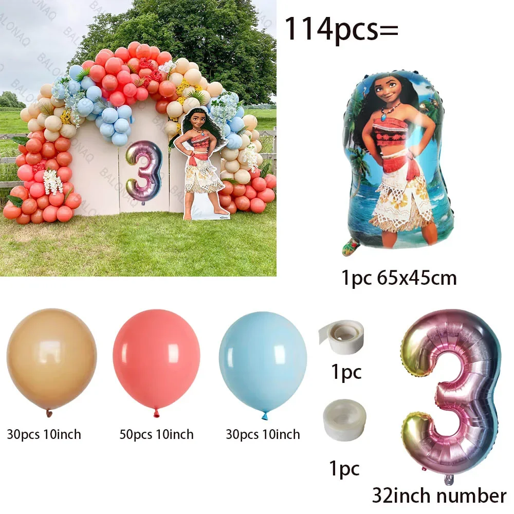 114pcs Moana Princess Theme Birthday Party Decoration Number Aluminum Ballon Baby Shower Photography Pprops Anime Ornaments Gift