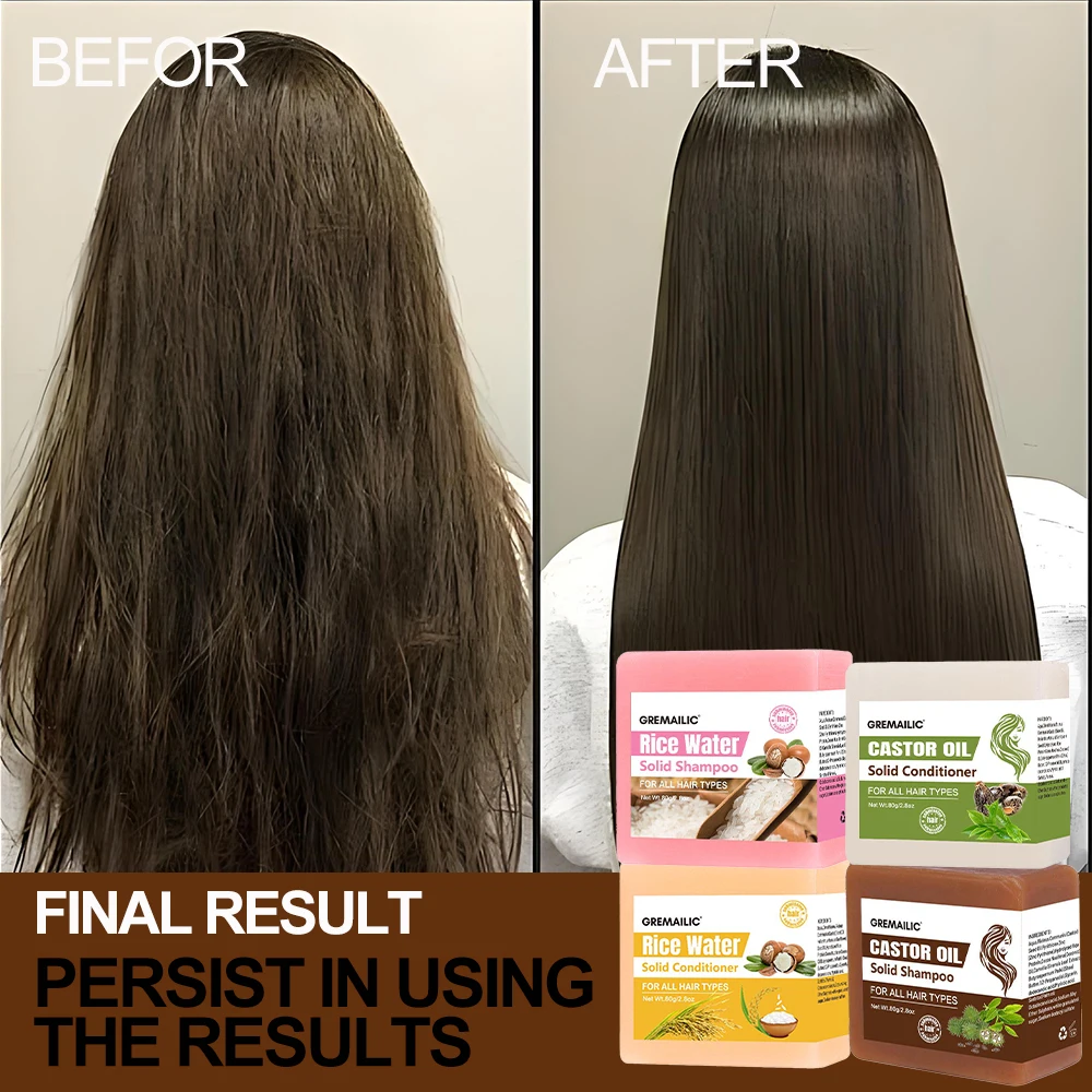 

Набор твердых шампуней/кондиционеров для рисовой воды, кастора и ши — разглаживает/добавить блеск, питает волосы, 4 батончика, все типы волос