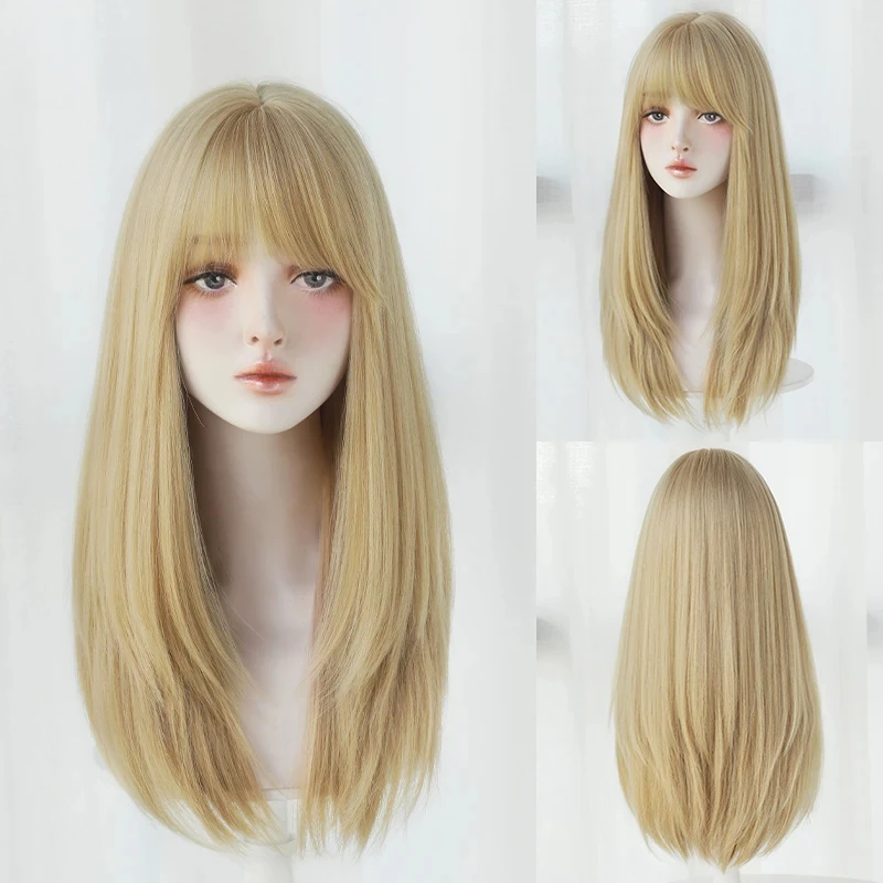 

Straight Layered Blonde Wigs with Neat Bangs High Density Synthetic Natural Fake Hair Wig for Women Daily Cosplay Party Wigs
