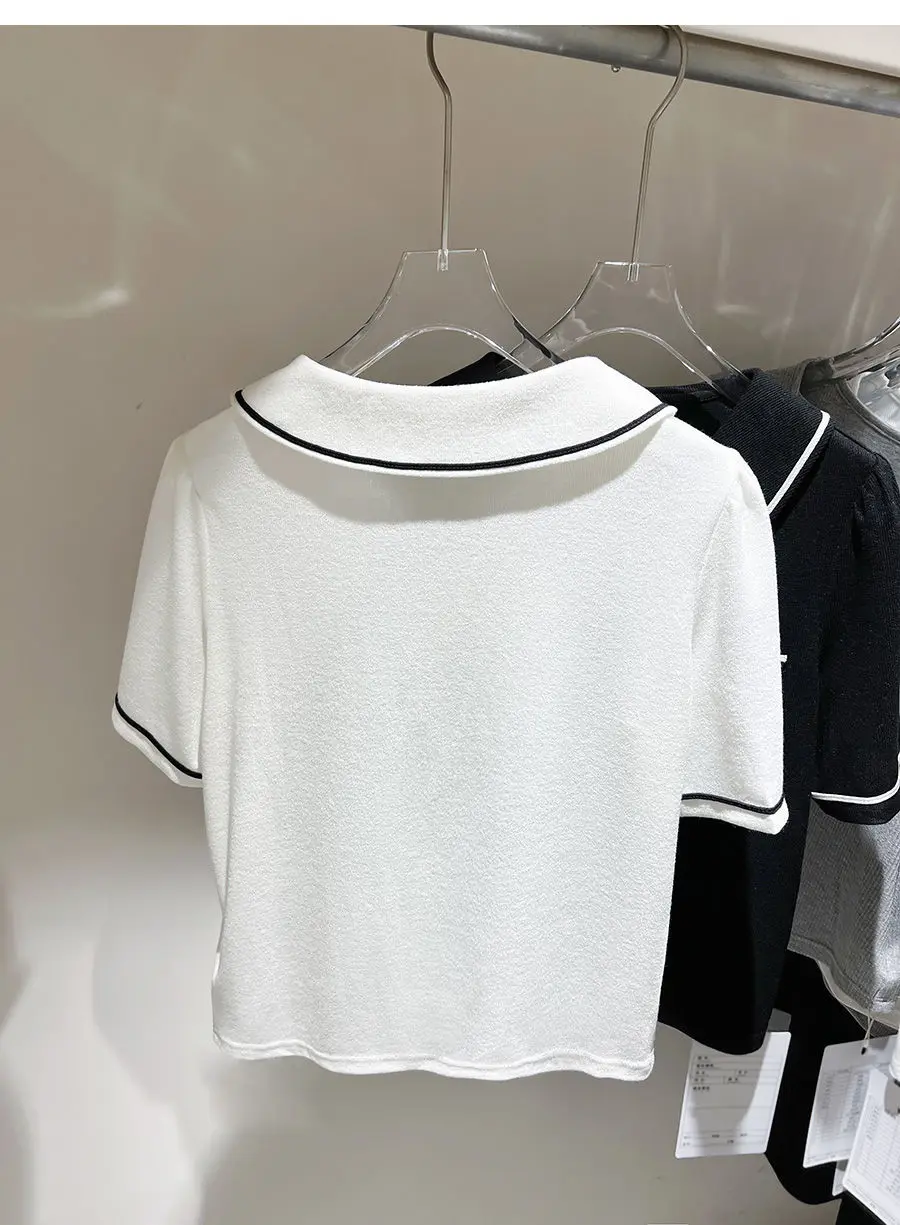 Contrast Color Lapel T-shirt for Women's Summer New Korean Tops Small Fragrance Style POLO Neck Short-sleeved Shirt