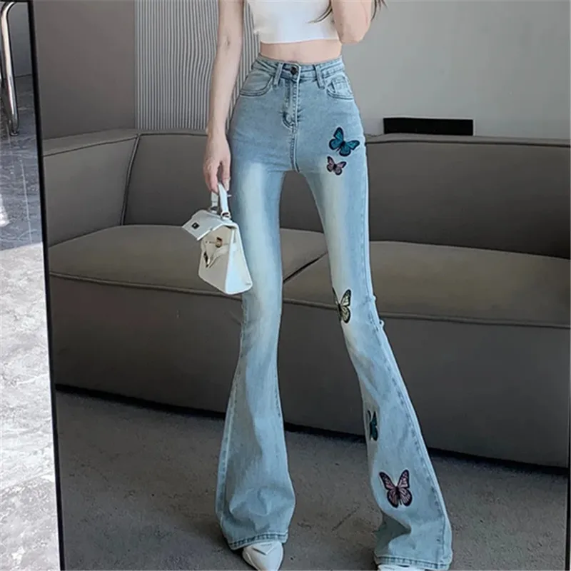 2023 Spring New Butterfly Embroidery Denim Micro Flare Pants High Waist Fashion Trousers Temperament Slim Show Thin Women Jeans