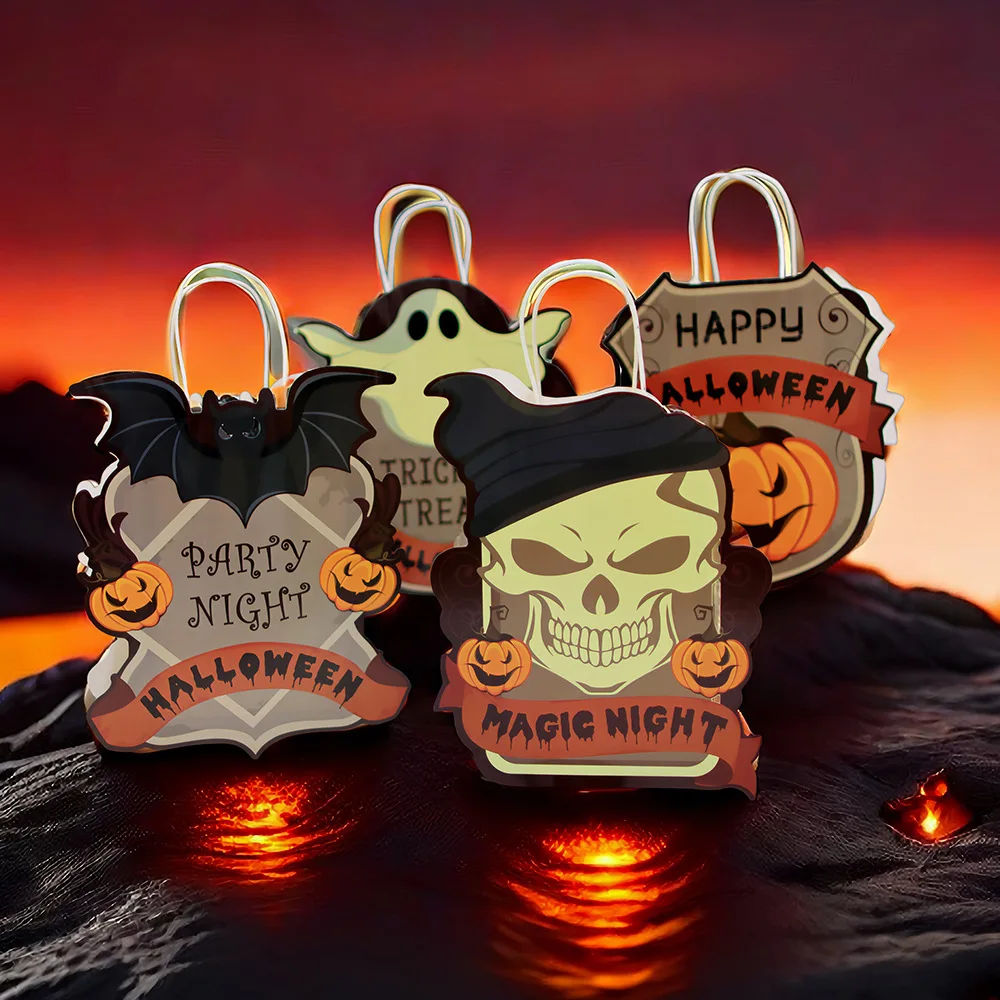 Halloween Creative Pumpkin Ghost Special-shaped White Card Laminated Candy Tote Bag Funny Gift Packaging Bag Random 5pcs