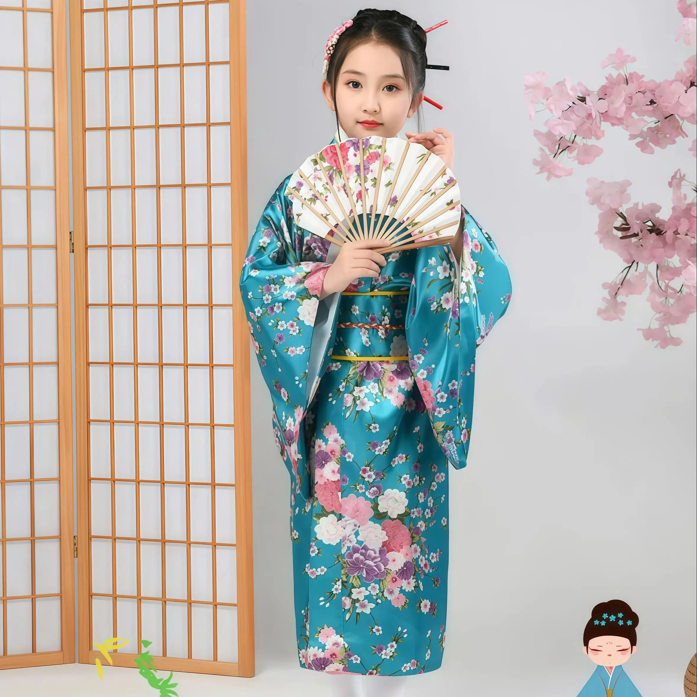 أطفال ثوب الكيمونو الياباني ثوب الحمام اليابان نمط زهرة يوكاتا فستان خمر هاوري لفتاة هالوين تأثيري الزي التقليدي