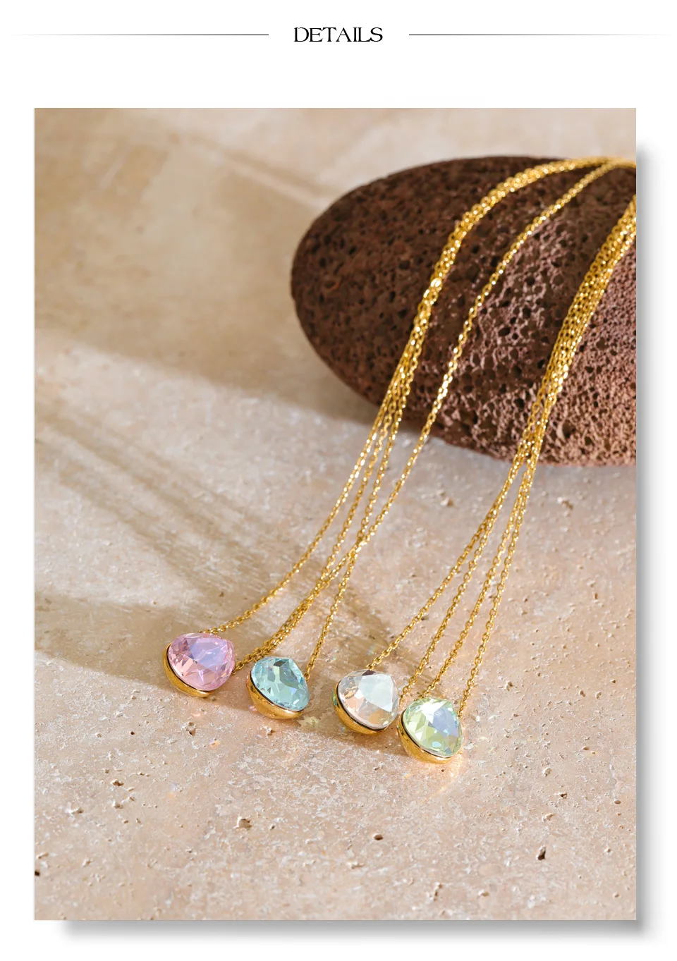 Yhpup Mehrfarbiger Edelstahl-Wassertropfen-K9-Kristall-Halskettenanhänger 16K Goldfarben PVD-beschichtet Neuheiten Exquisiter Schmuck – Detail 7