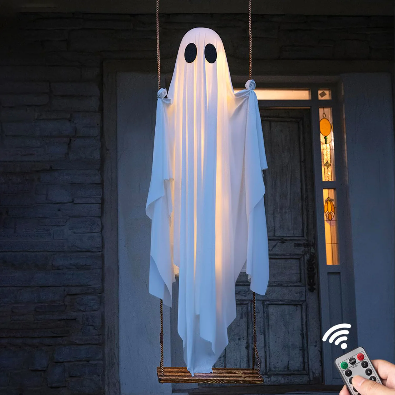 4ft Large Hanging Swing Ghost Halloween Decoration with String Lights Halloween Outdoor Yard Decoration
