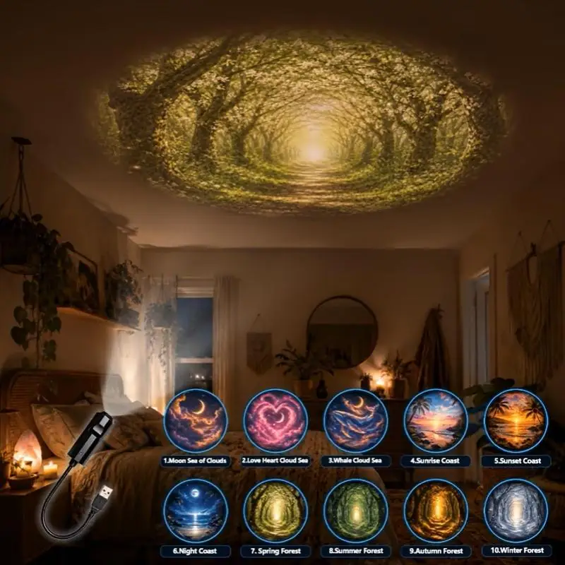 USB Landscape Projector Light 10 Patterns Flexible Rotation Moon Cloud Sea Forest Coast Bedroom Decor Supply