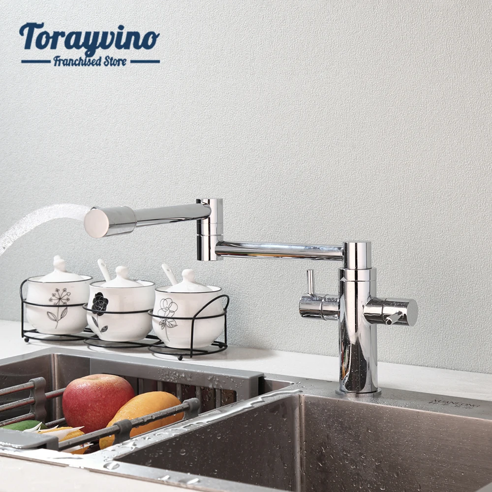 Torayvino Kitchen Sink Faucet Stainless Steel Deck Mounted Dual Handle Control 720°Rotated Stream Water Adjustable Mixer Taps