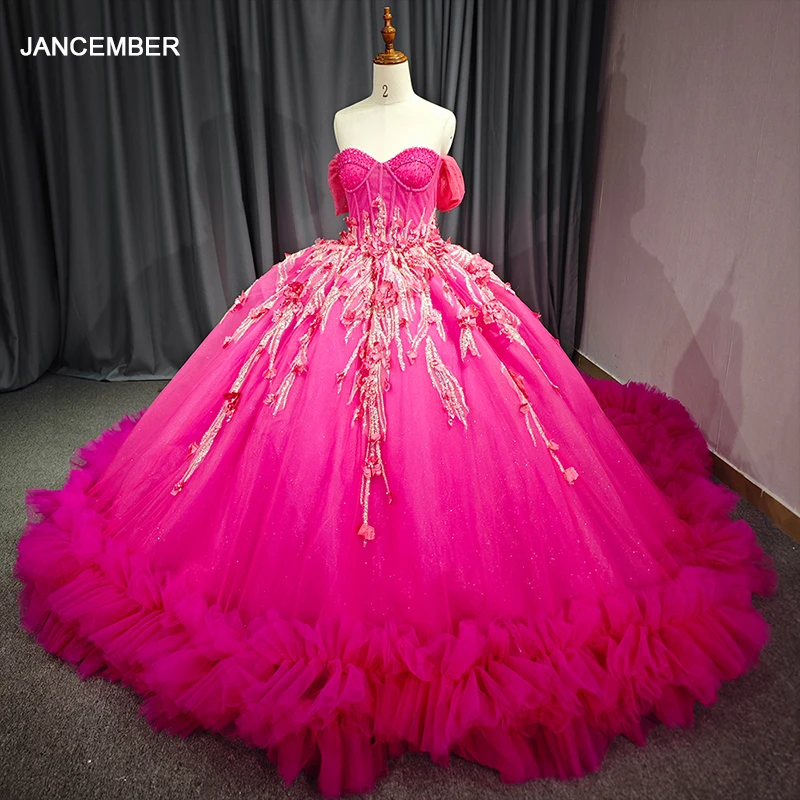 

Ball Gowns Quinceanera Dresses Faily Cathedral Train Tulle 3D Floral Applique Bone Mexico Prom Lace Up vestido de 15 quinceañera