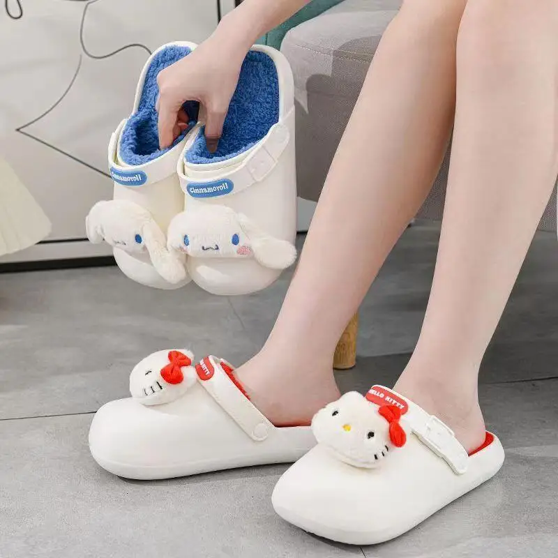 

Sanrio Hello Kitty/хлопковые тапочки с героями мультфильмов для девочек Kuromi Kawaii, модная непромокаемая домашняя обувь, зимняя теплая обувь, легкая универсальная обувь