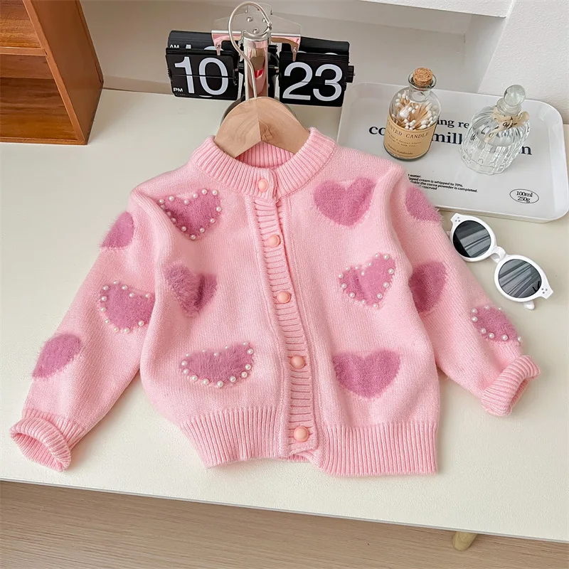 Children\'s Pink Heart Pearl Color Matching Knitted Cute Casual Sweater Cardigan Girl Spring and Autumn Jacket