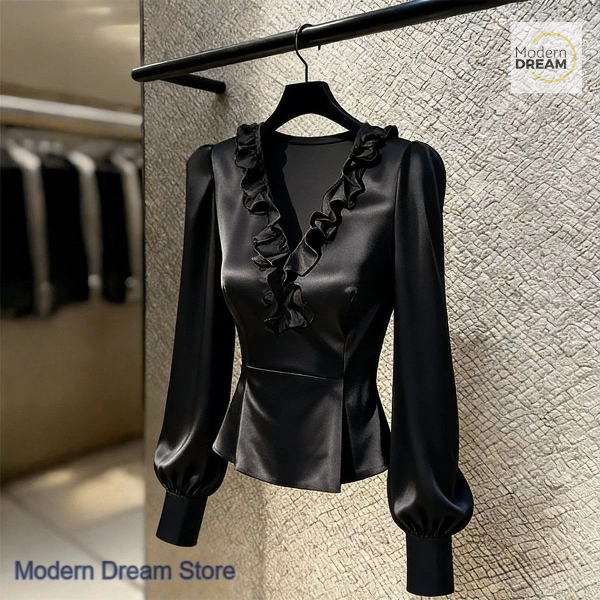 

French style solid color V-neck wood ear stitching shirt women's spring and autumn new design fashion Joker long-sleeved shirt