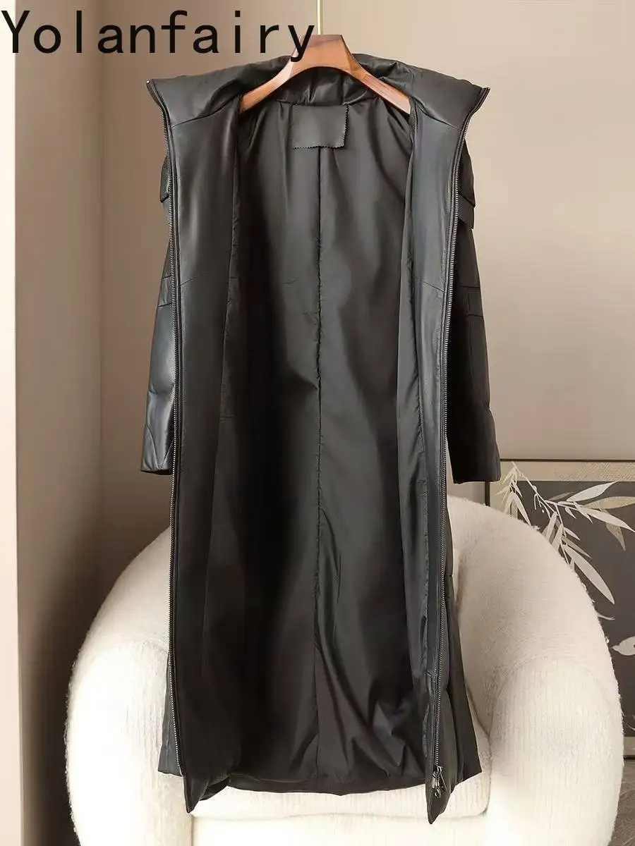 Kurtka damska YOLANFAIRY z prawdziwej skóry, z kapturem, długa, zimowa, z prawdziwej skóry owczej, płaszcz puchowy damski, modne kurtki puchowe z gęsim puchem.