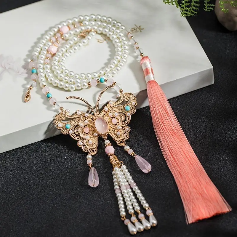 Chinese Hanfu Pearl Pendant Necklace accessories Vintage Ming Dynasty Butterfly Tassels Long pearl Necklace Chinese Gift Women