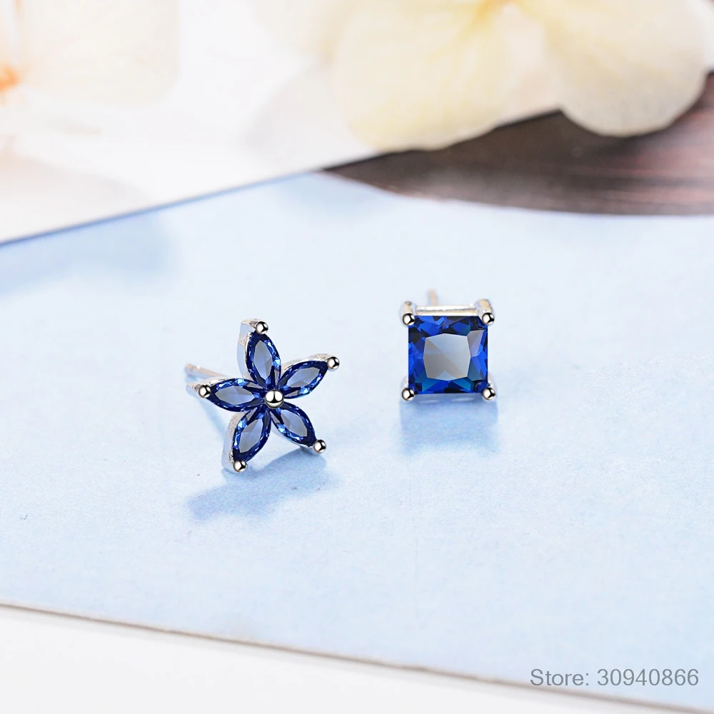 Square Princess Cut Blue Created Sapphire 925 Sterling Silver Square & Flowers Stud Earring for Women Fashion Gemstone Jewelry