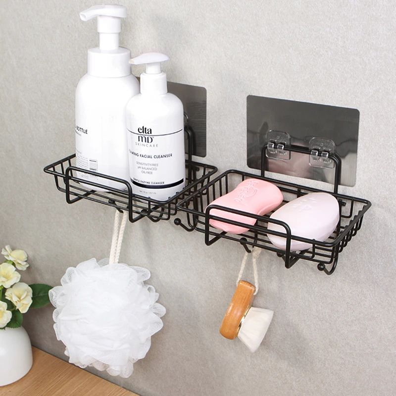 Soporte para jabón de baño montado en la pared sin daños con jabonera de drenaje perforada y estante de hierro forjado para cocina y baño