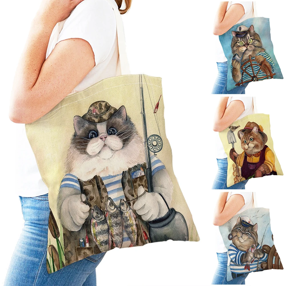 Sac à provisions en toile décontractée à double impression d'animaux de dessin animé pour enfants, sac fourre-tout mignon, sac à main de chat de pêche, initié au gril, femmes