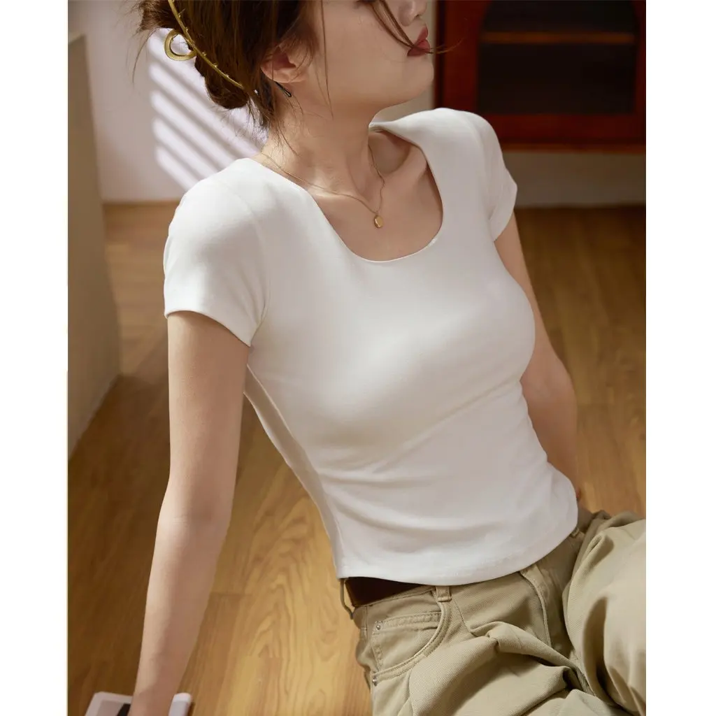 

Women's Double-layer Chest-revealing Cotton T-shirt U-neck Short-sleeved High Waist Short Top Summer Quality High-quality