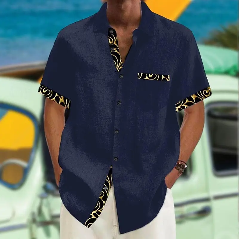 Camisa de férias havaiana xadrez monocromática masculina, blusa de manga curta com lapela, confortável e respirável, ao ar livre, verão