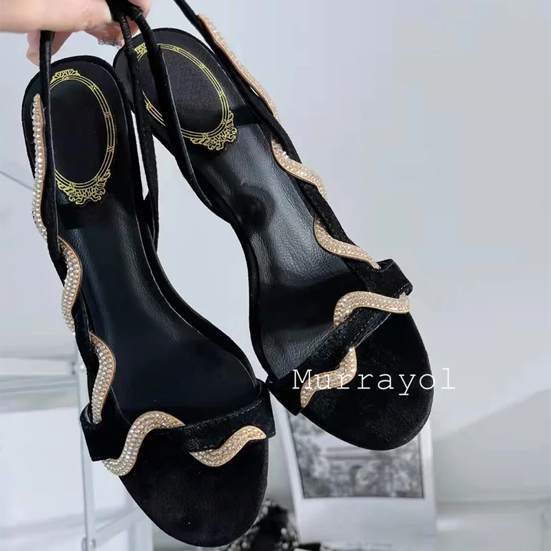 Sandalias de tacón fino con diseño en forma de serpiente para mujer, Sandalias de tacón alto con decoración de cristal de ante vacuno, zapatos de vestir de verano