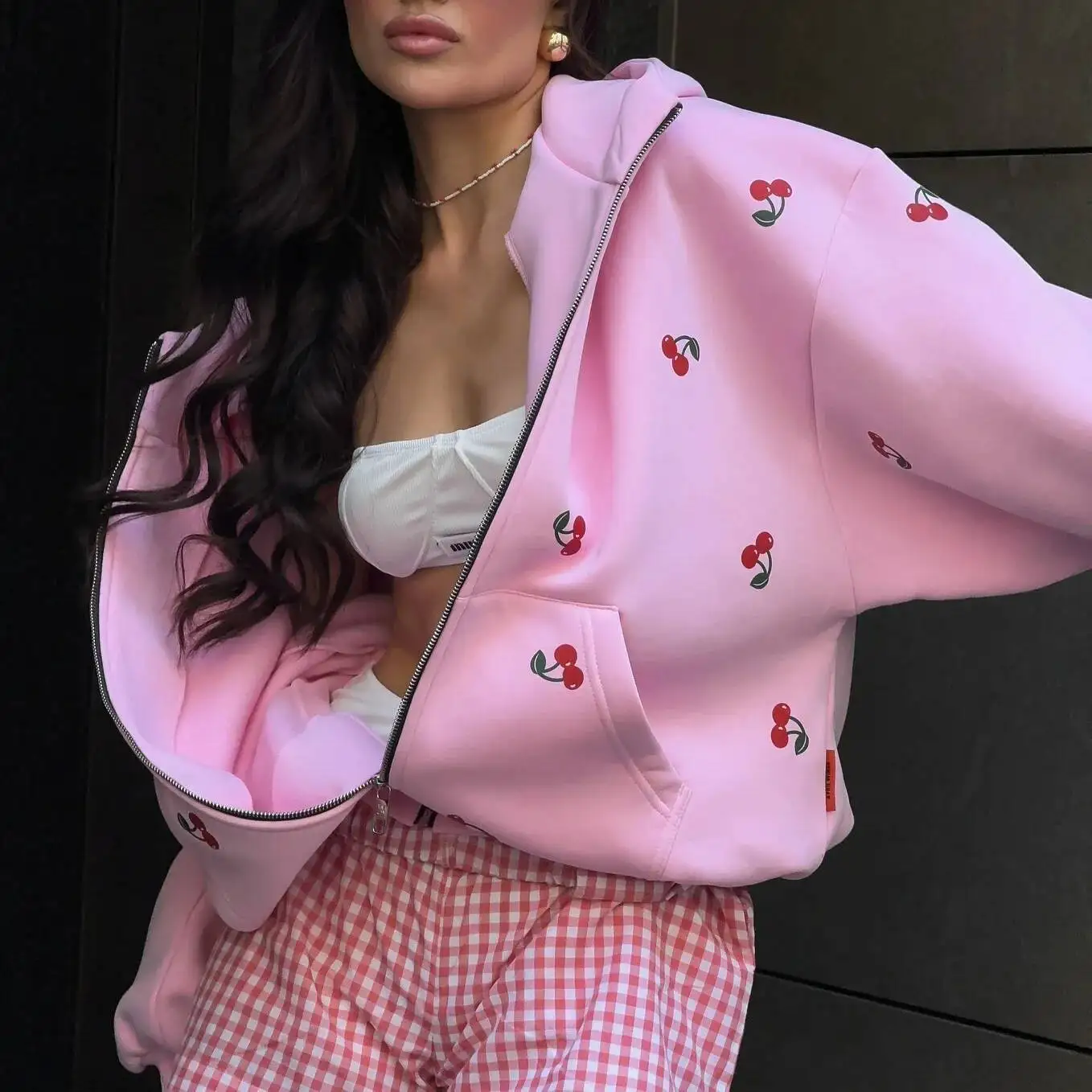 Women's Cherry Print Hoodie Jacke  Fall European American Street Style Fashion Brand Loose Versatile Sportswear