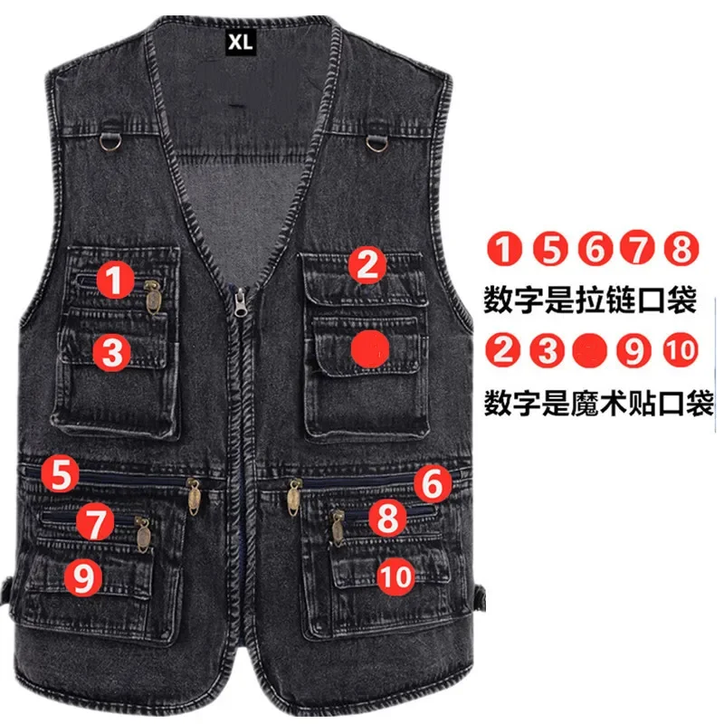 2024 Men's Multi-Pocket Cotton Denim Vest Autumn Multi-Functional Outdoor Fishing Photography Casual Vest