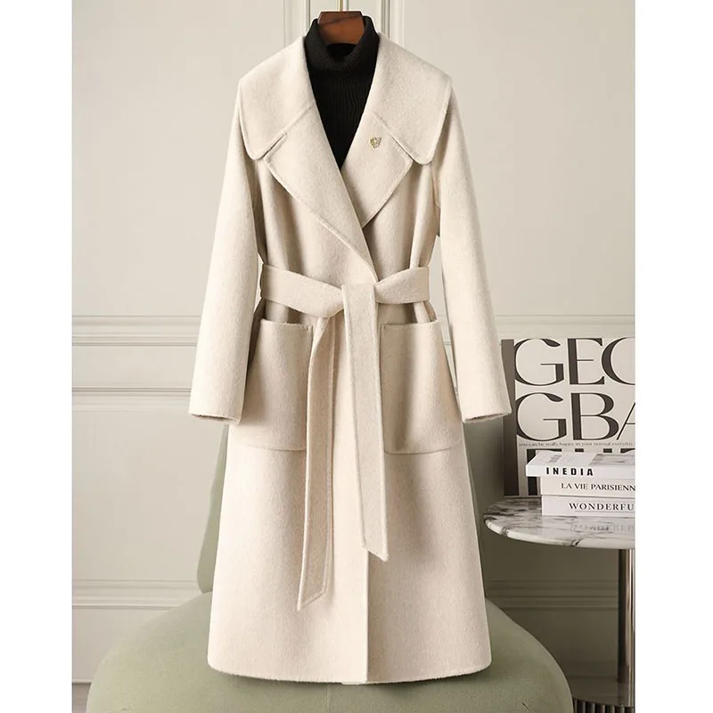 

Korean Fashion High-end Double-sided Wool Coat Autumn Winter Women's Long Loose Casual Warm Woolen Coat Overcoat Outwear Ladies