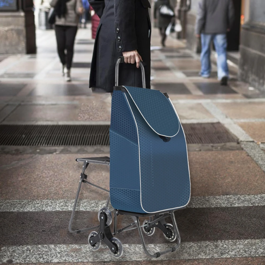 

Portable Shopping Cart with Waterproof Bag and Seat Market Trolley Storage Bag Foldable Stair Climbing Cart for Upstairs Cargo