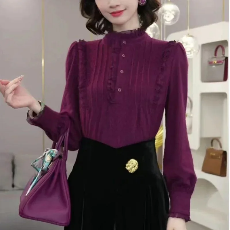 High-End-Samtbluse im französischen Stil für Damen, 2025, neuer Herbst, dick, lila, einreihig, langärmelig, Damen-Plisseehemd