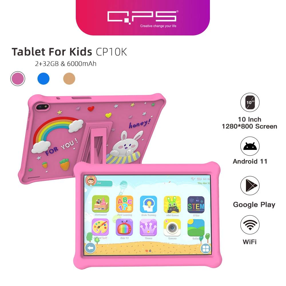 Qps 10 Zoll Kinder Tablets Android 11 1280*800 HD Ouad Core WiFi 2GB 32GB Kinder Tablet für Kinder lernen mit Halter 6000mah