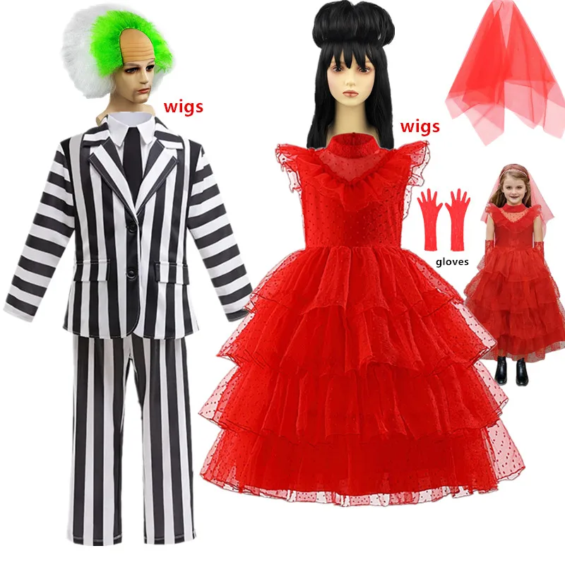فستان الهالوين ليديا ريد رعب شبح العروس التأثيري للفتيات والأولاد B-Beetle Juice 2 أزياء لعب الأدوار بنمط أسود وأبيض