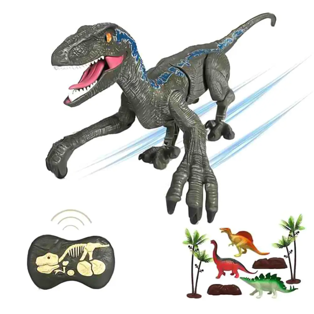 Remote Control Dinosaur Toy 5 Channels Electronic RC Toys Dinosaur Velociraptor With Spray And LED Light