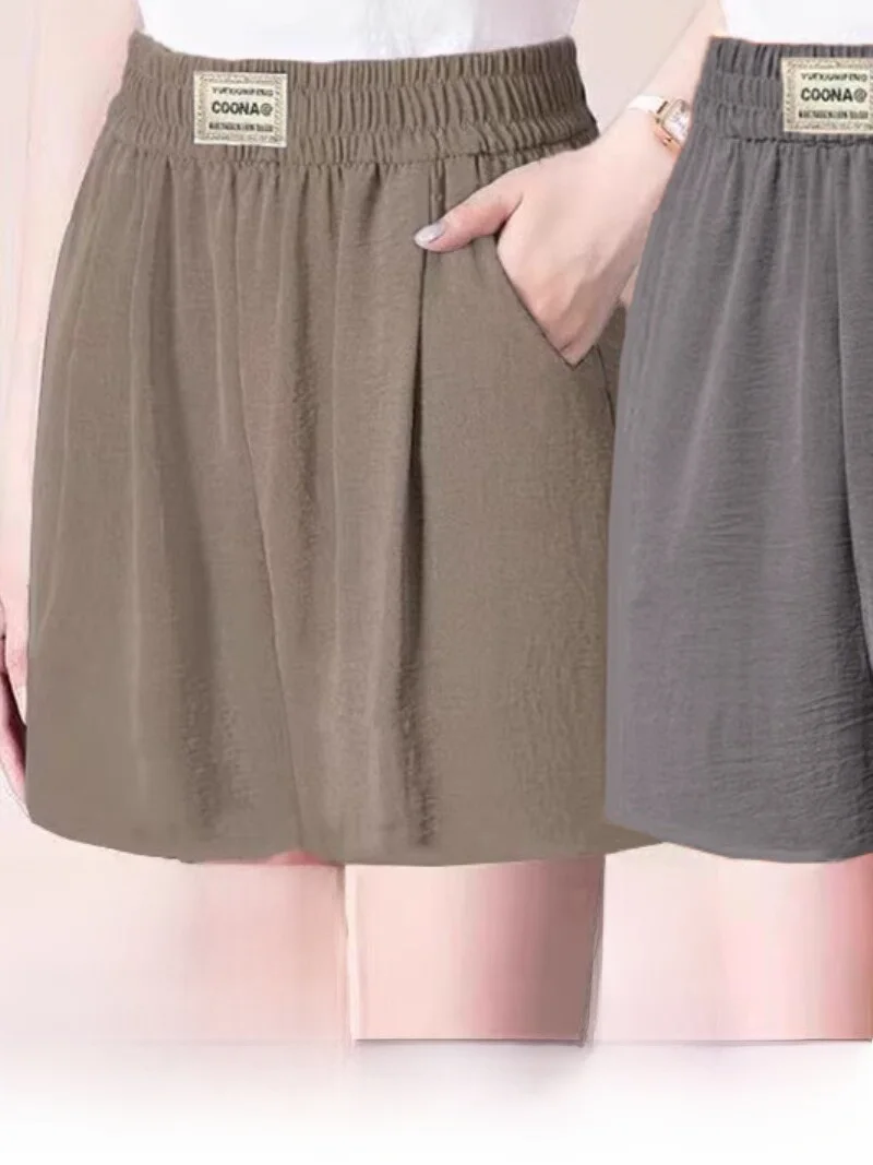 여성용 여름 얇은 와이드 레그 오부 바지 순색 루즈 슬림 엄마용 티포인트 아이스 실크 린넨 캐주얼 바지