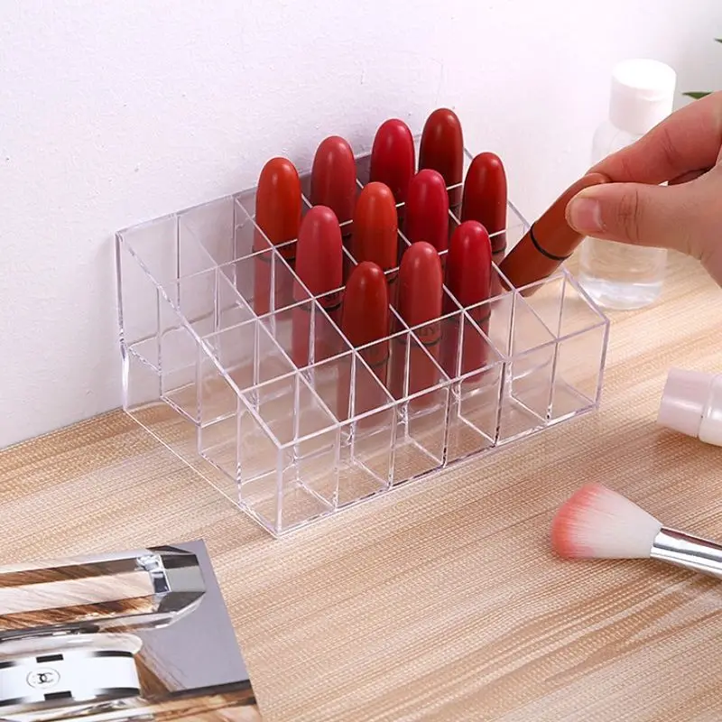 Soporte de exhibición de lápiz labial de 24 rejillas, soporte de brillo de labios de maquillaje, estante de exhibición de almacenamiento de cosméticos transparente, herramientas de maquillaje