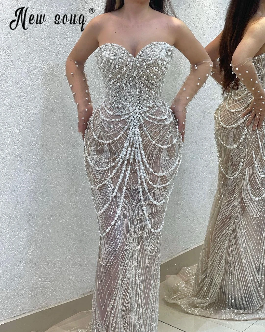 Vestido de festa pérola com borla, Vestido Midi, Noite de Dubai, Vestido Sereia Querida, Elegante, Chique, 2024