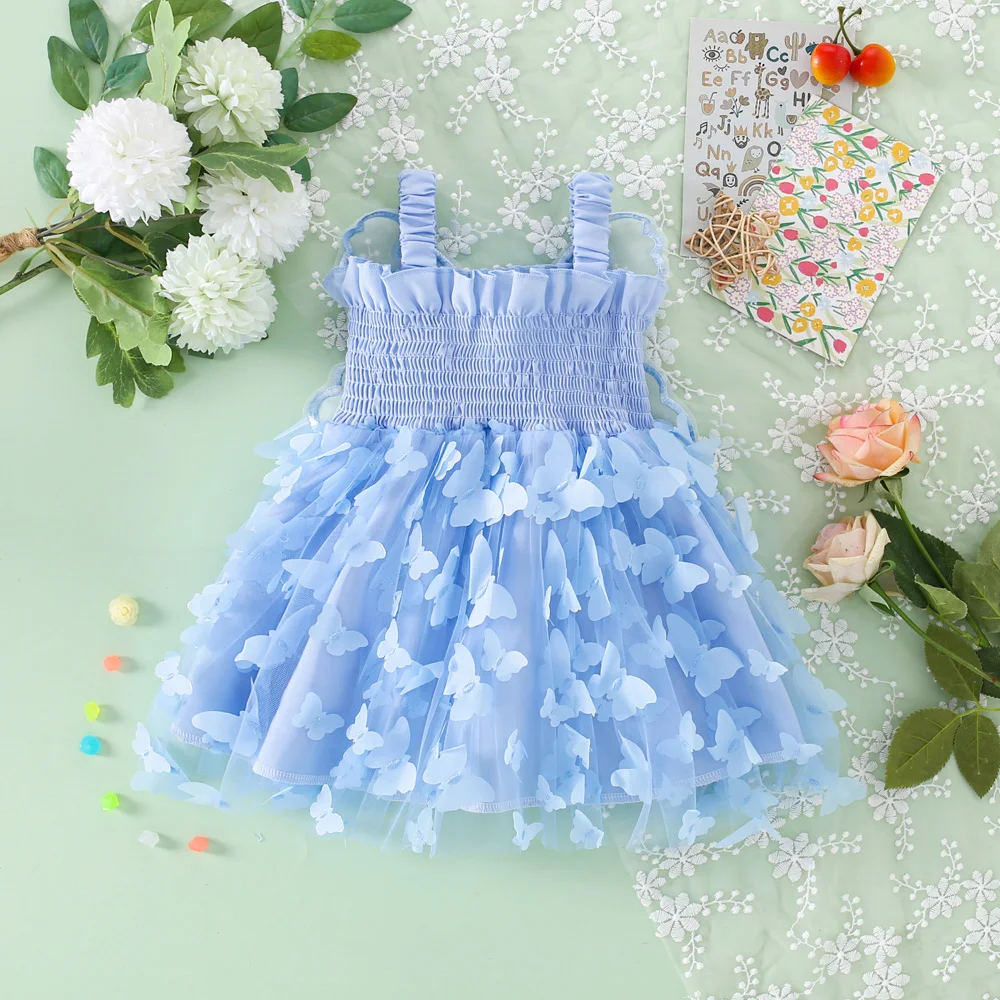 Summer Beach Birthday Party Baby Girl Princess Dress For Young Children 3d Fairy Butterfly Wings Suspender Mesh Cute Dress