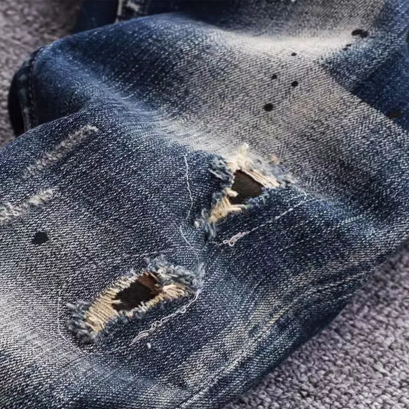 High Street Fashion Men Jeans Retro Dark Blue Stretch Slim Fit Hole Ripped Jeans Men Patched Designer Vintage Denim Pants Hombre