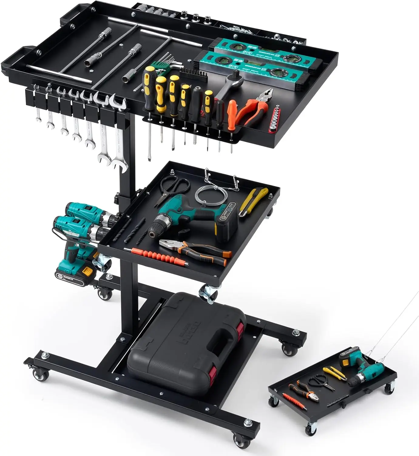 3 Tier Rolling Work Table Adjustable Height Tool Cart Wheels Portable Mechanic Organizer Drill Storage Garage Workshop Bicycle R