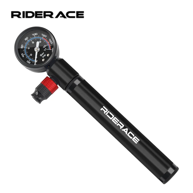 RIDERACE Fahrradpumpe mit Manometer, tragbarer Handluftpumpe aus Aluminiumlegierung für Fahrrad-Stoßdämpfer, AV FV Presta Schrader Ventil